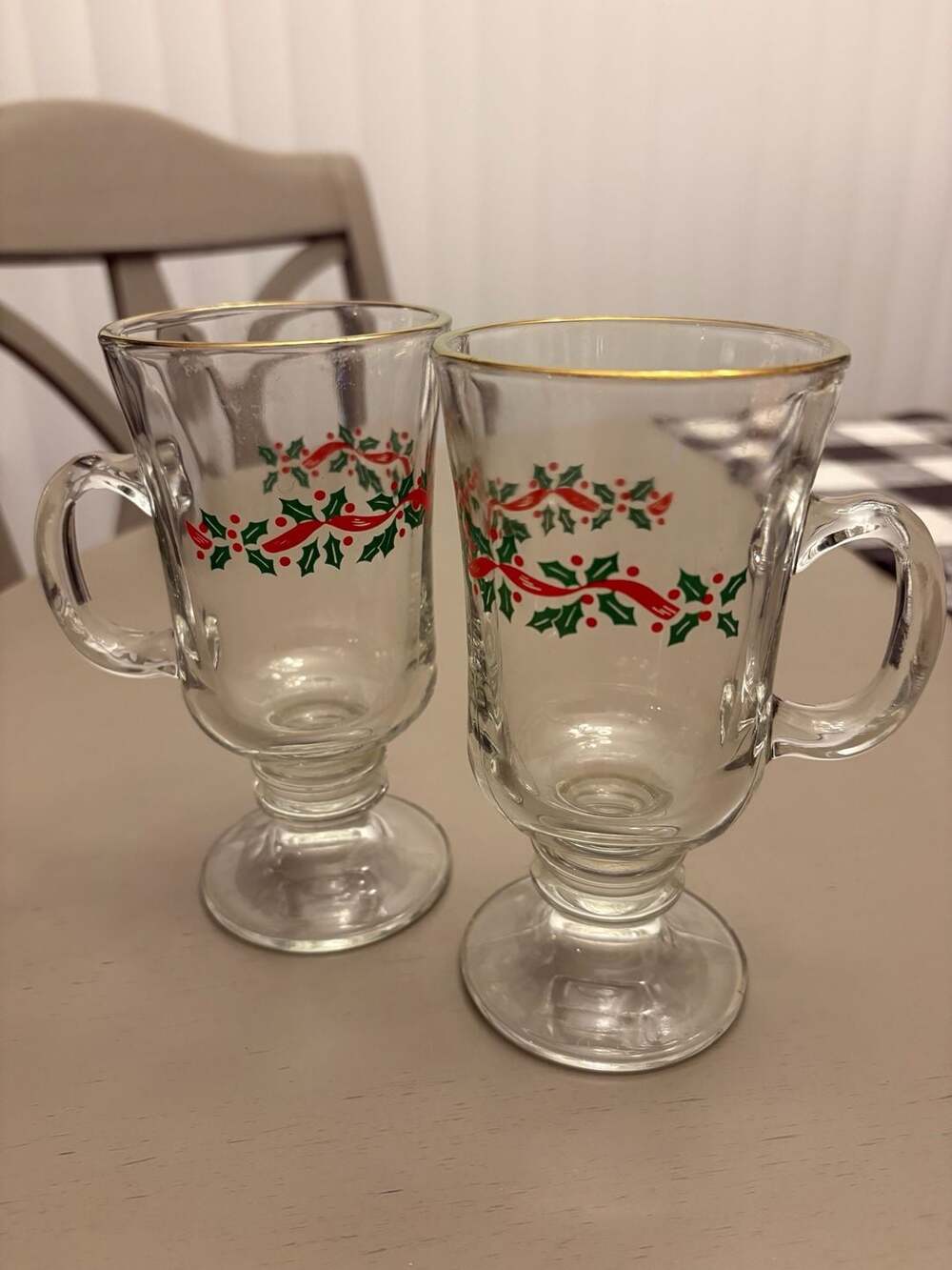 Vintage Libbey Holly Berry Ribbon Pedestal Irish Coffee Mug Gold Trim Christmas
